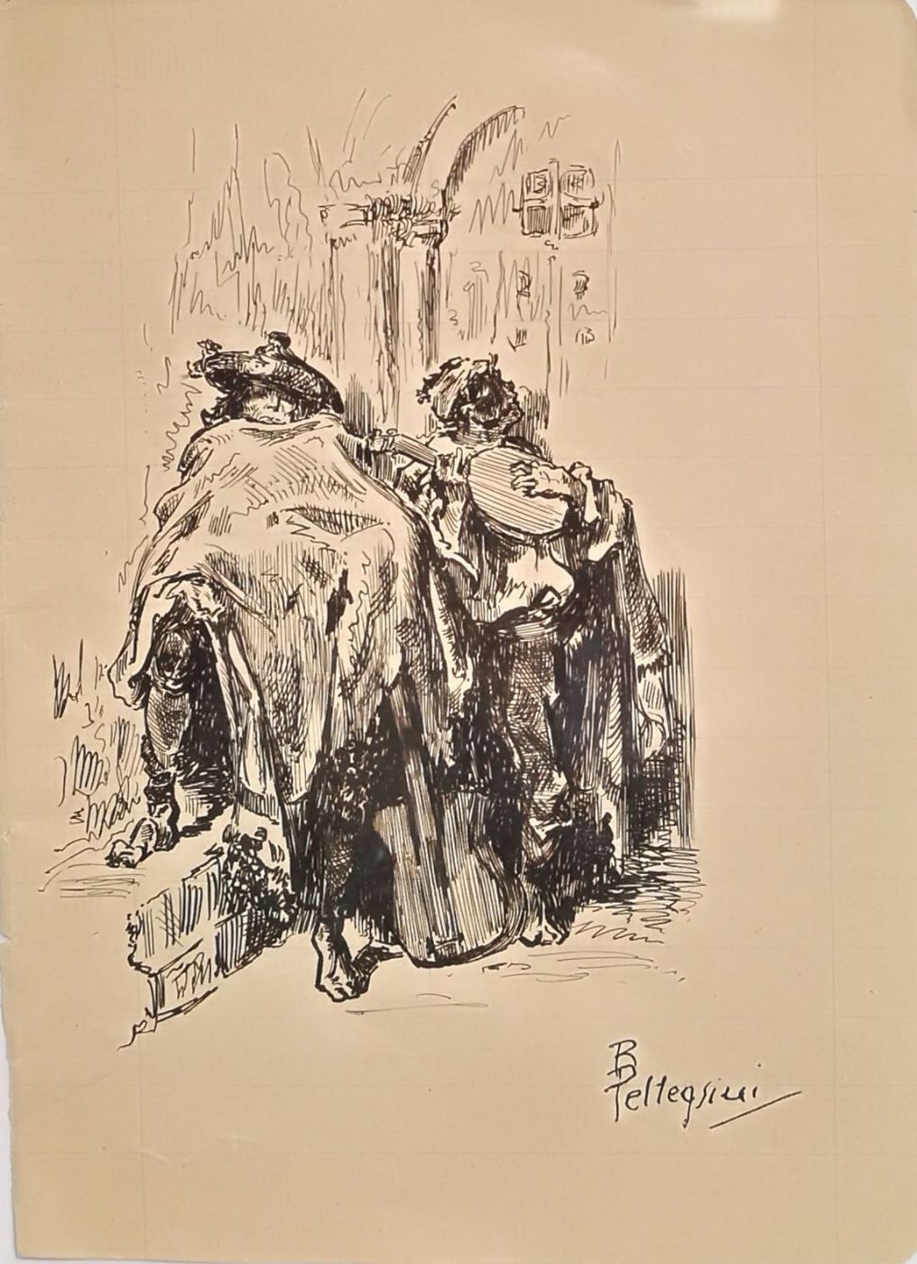 Riccardo Pellegrini 1863 1934 disegno a china raffigurante scena spagnola cm.15.5 x 20.5